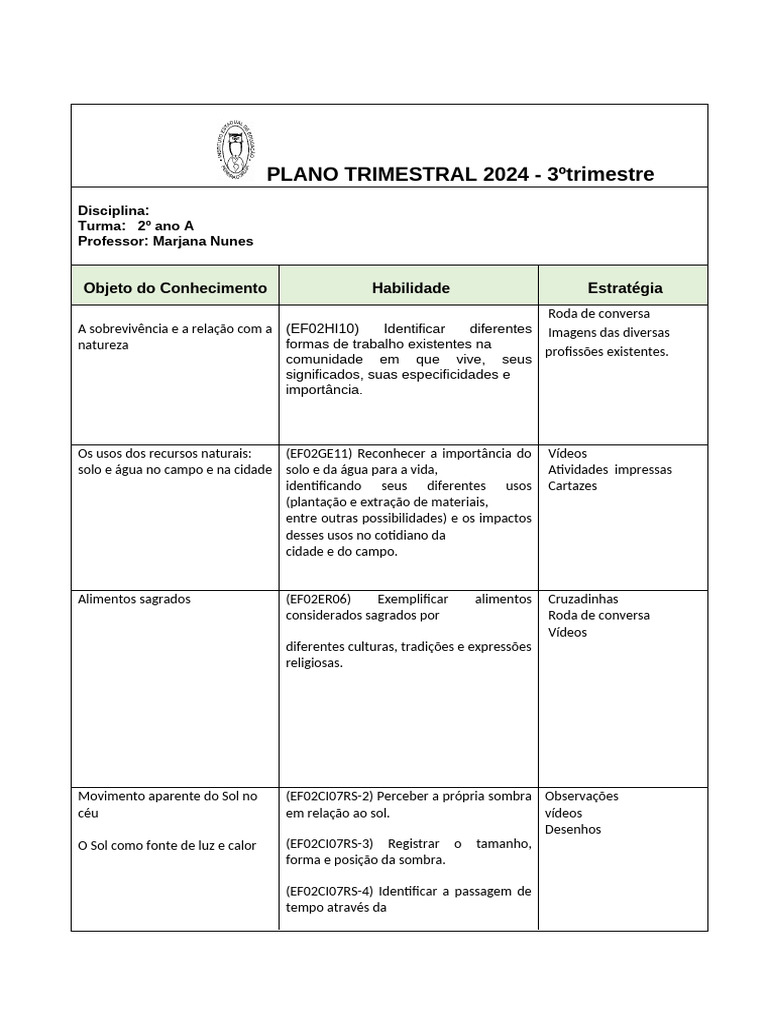 Plano Trimestral 2024: 2º Ano A | PDF | Sol | Tempo