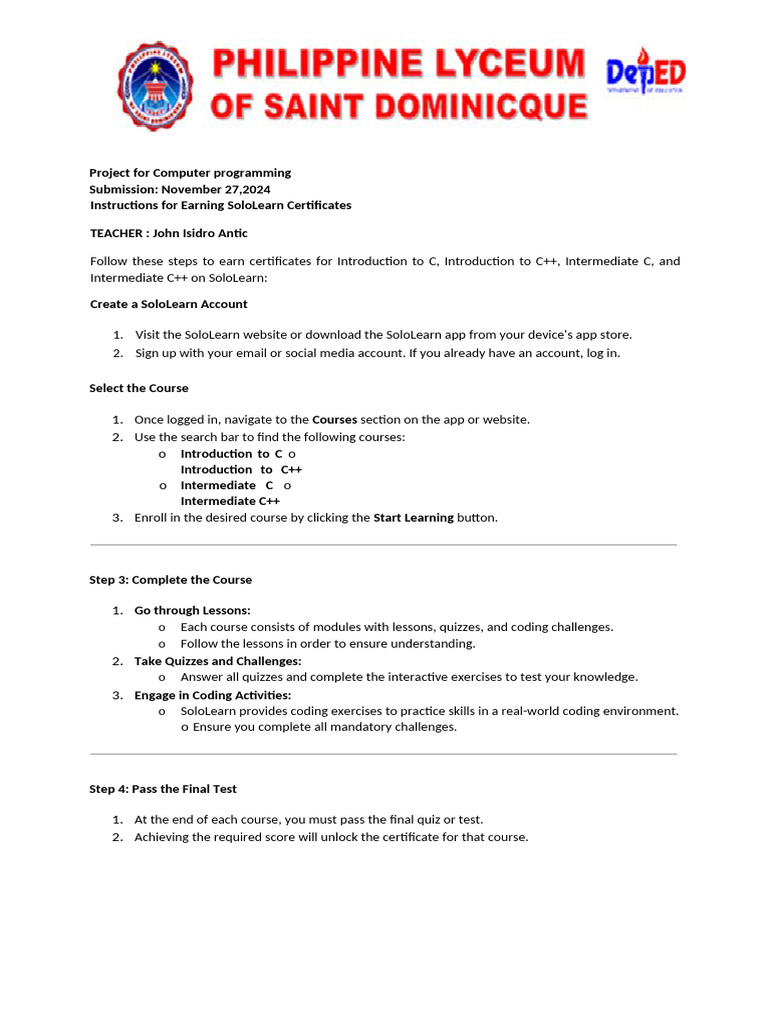 Earn Sololearn Certificates Guide Pdf Teachers Behavior Modification