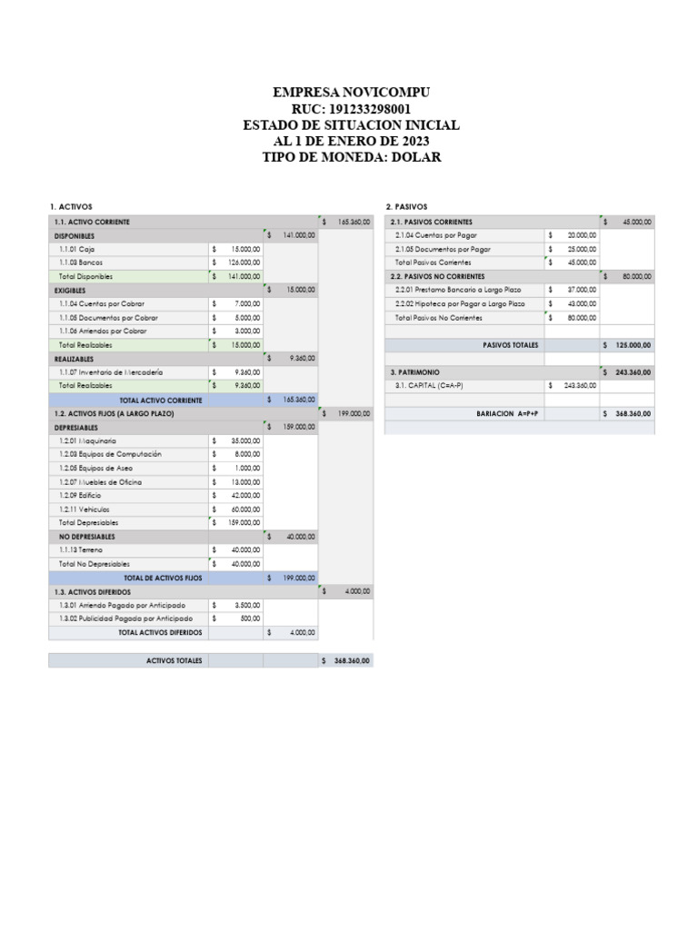 Balance de Situacion Inicial y Transacciones - Holger Merchan | PDF ...