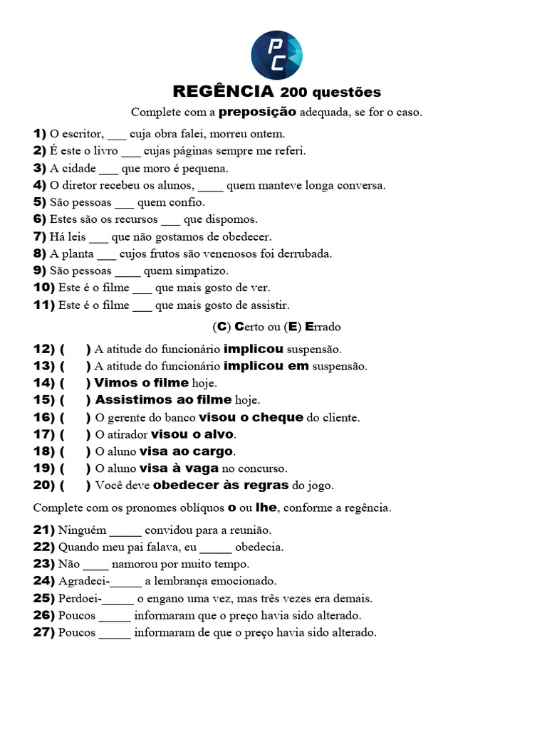 Questões de Regência Verbal e Pronomes | PDF