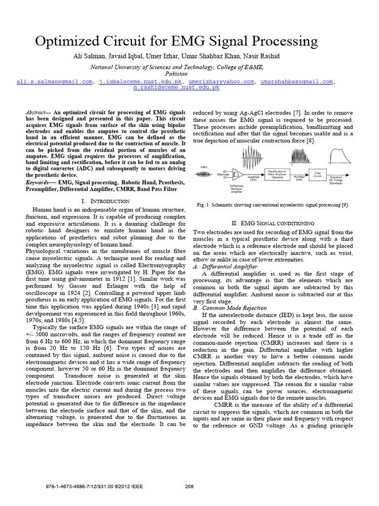Optimized EMG Signal Processing Circuit | PDF | Amplifier ...