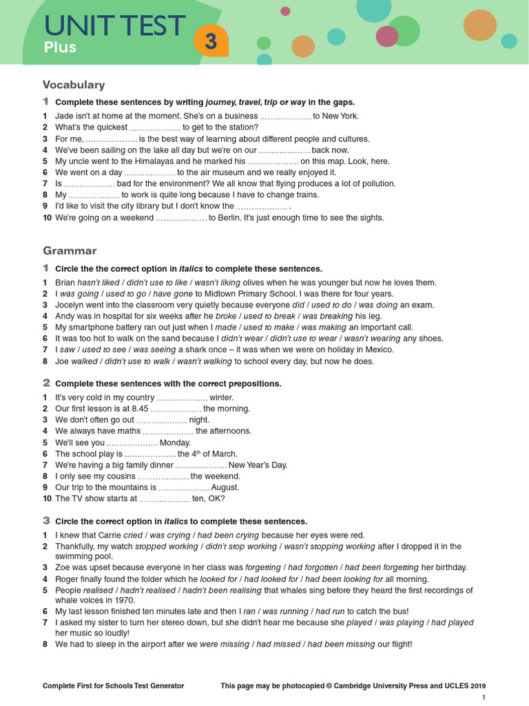 Complete First For Schools - Test Unit Test 3 (PLUS) | PDF