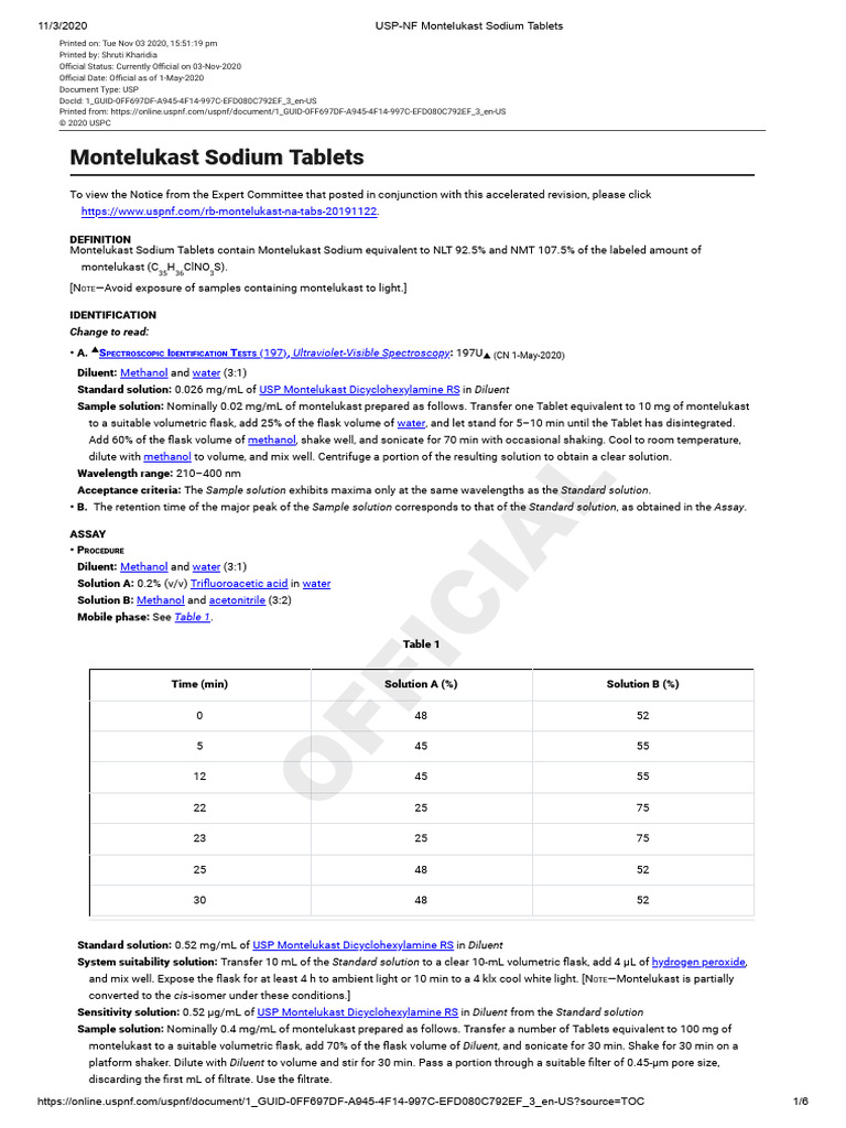 Montelukast Sodium Tablets USP-NF Guide | PDF | Chromatography ...
