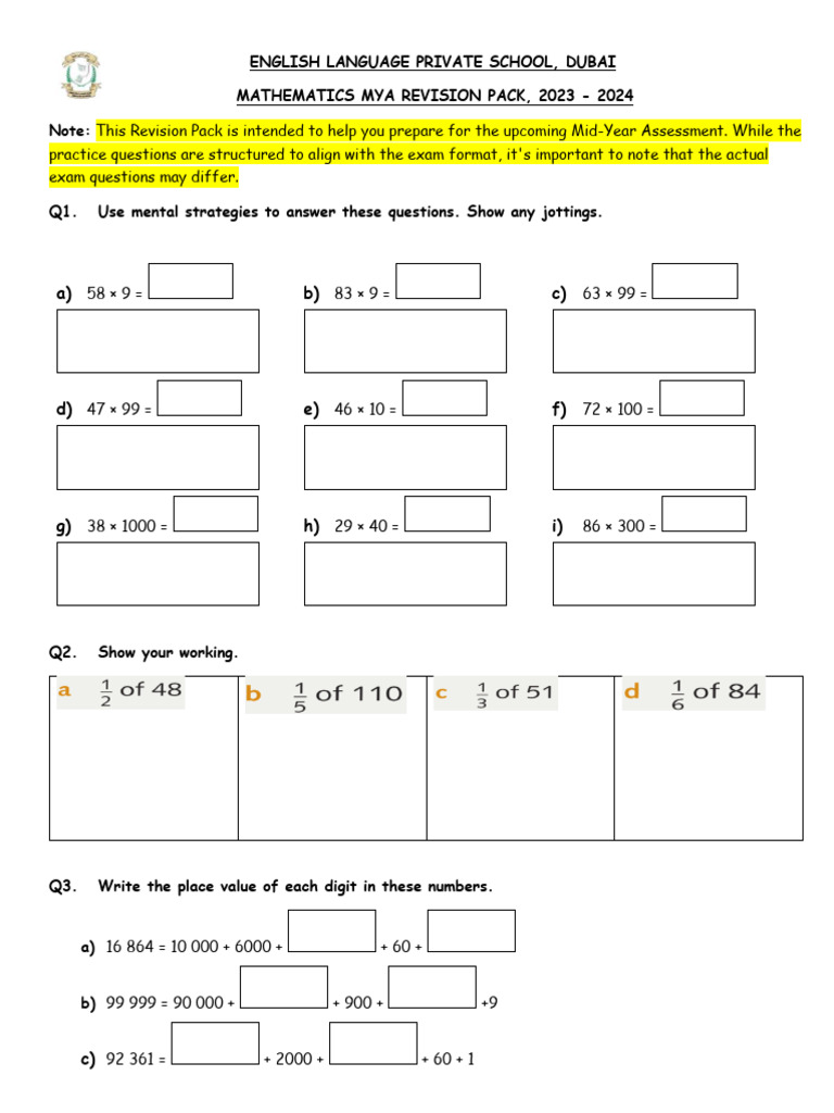 Math MYA Revision Pack Yr 5 | PDF | Mathematical Notation | Elementary ...