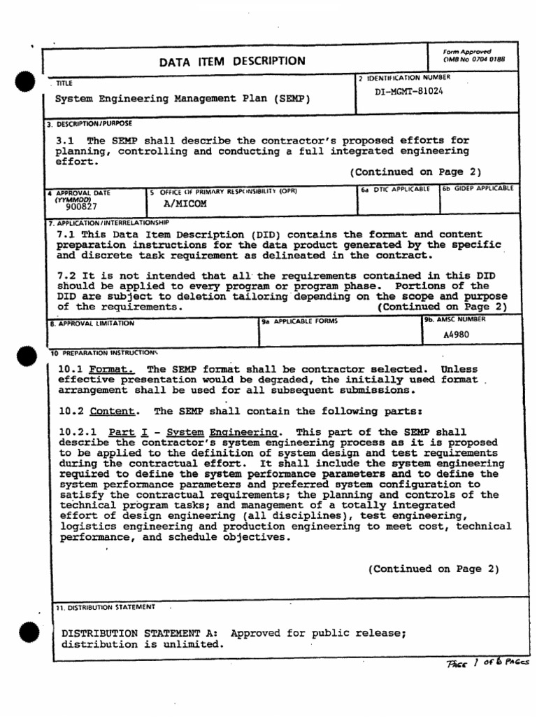 DI-MGMT-81024 Sytems Engineering Managemet Plan | PDF