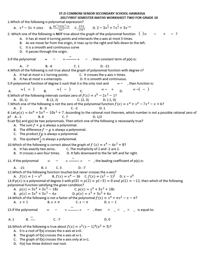 Grade 10 Maths Polynomial Worksheet | PDF | Zero Of A Function | Polynomial