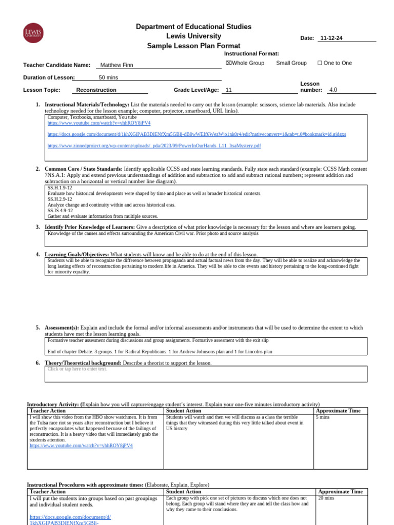 11th Grade Reconstruction Lesson Plan | PDF | Reconstruction Era | Jim ...