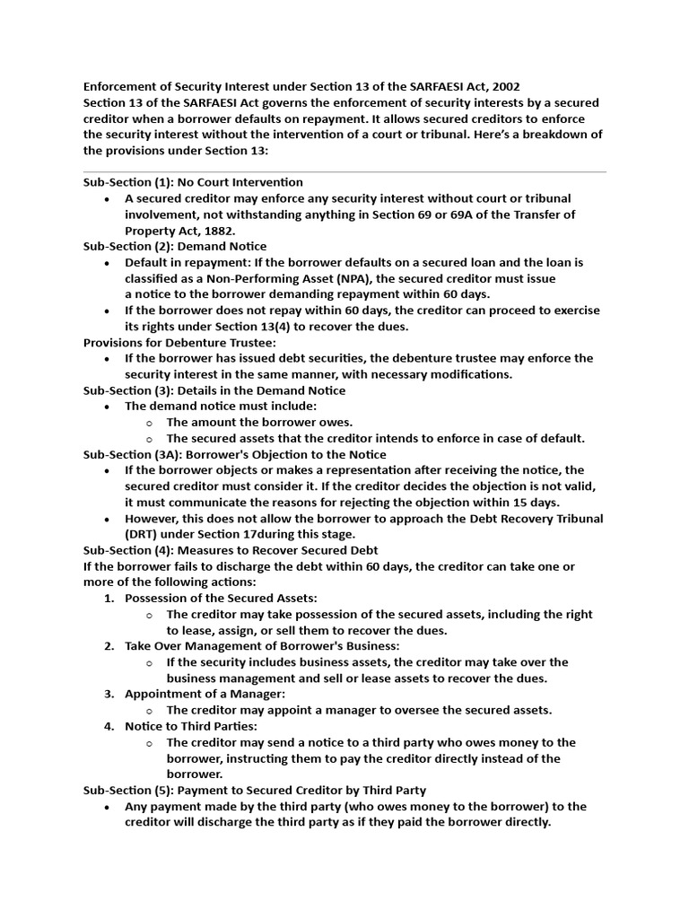 Enforcement of SARFAESI Act Section 13 | PDF | Security Interest | Debtor