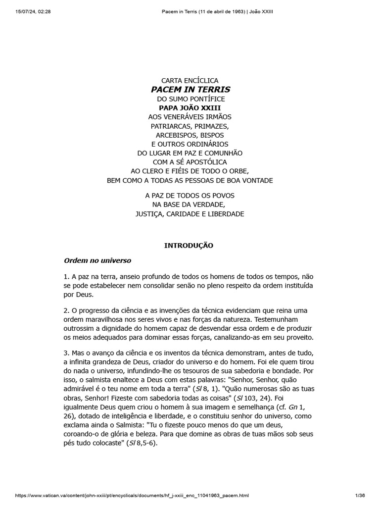 Pacem in Terris: Direitos Humanos e Paz | PDF | Liberdade | Deus