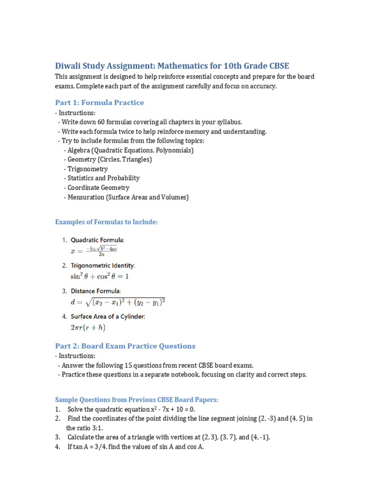 Diwali Math Assignment for 10th CBSE | PDF