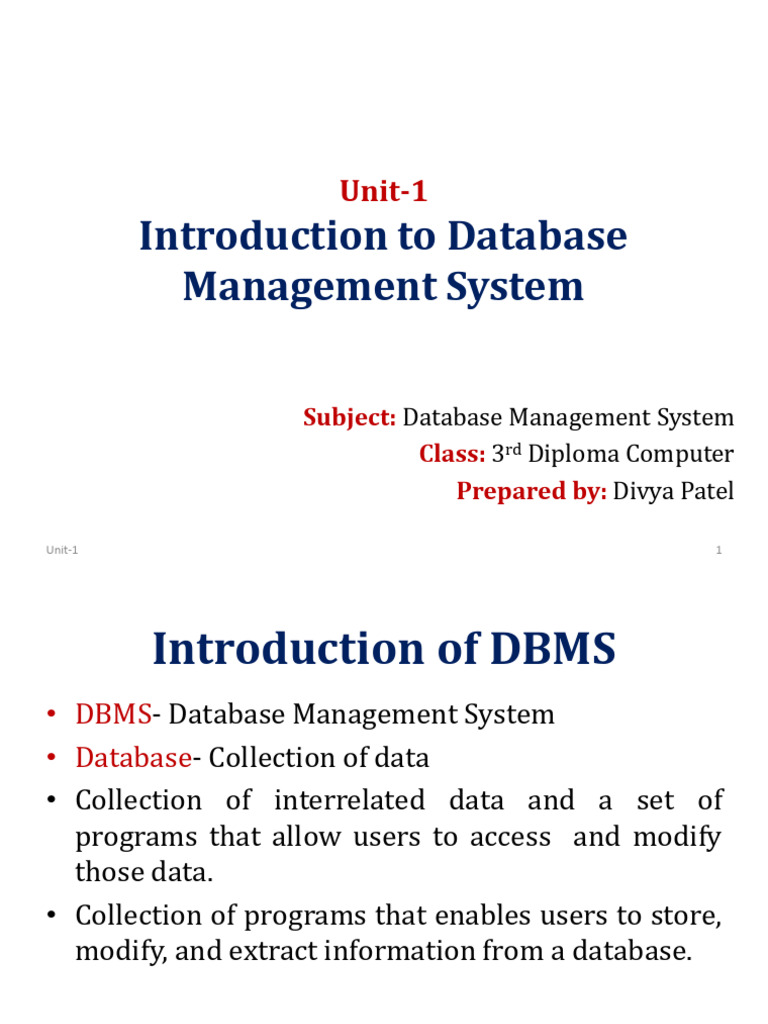 Unit-1- Introduction to Database Management System | PDF | Data Model ...
