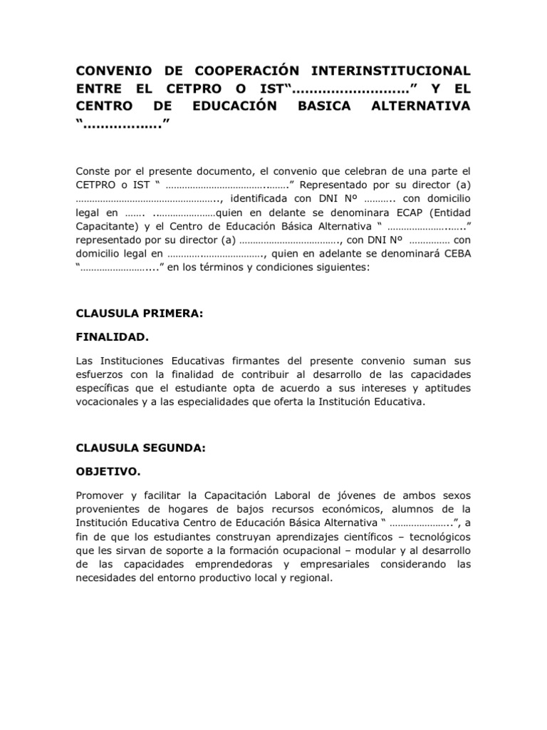 Convenio de Cooperación Interinstitucional Entre El Cetpro o Ist | PDF