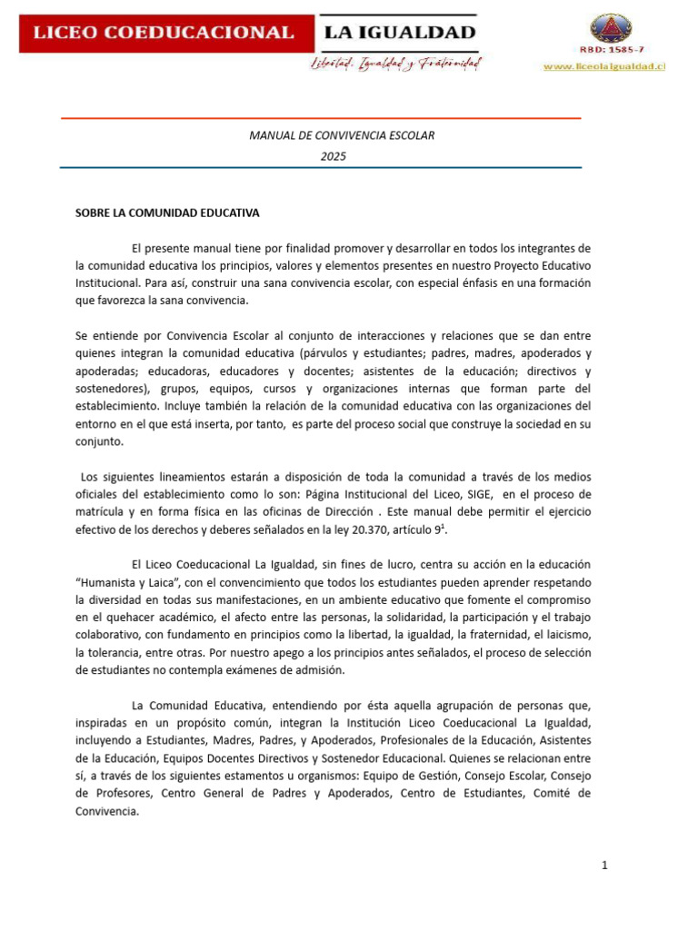 Manual de Convivencia Escolar 2025 | PDF | Violencia | Educación de la ...