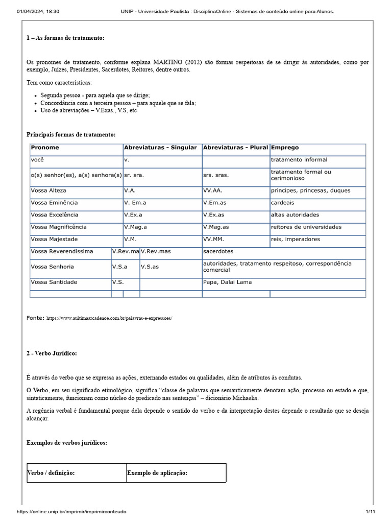 Verbos Jurídicos e Tratamentos Formais | PDF | Palavra | Latim
