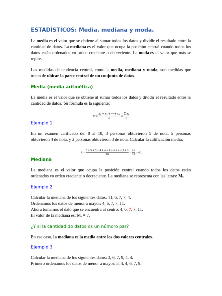 Media, Mediana, Moda | PDF | Mediana | Modo (Estadísticas)