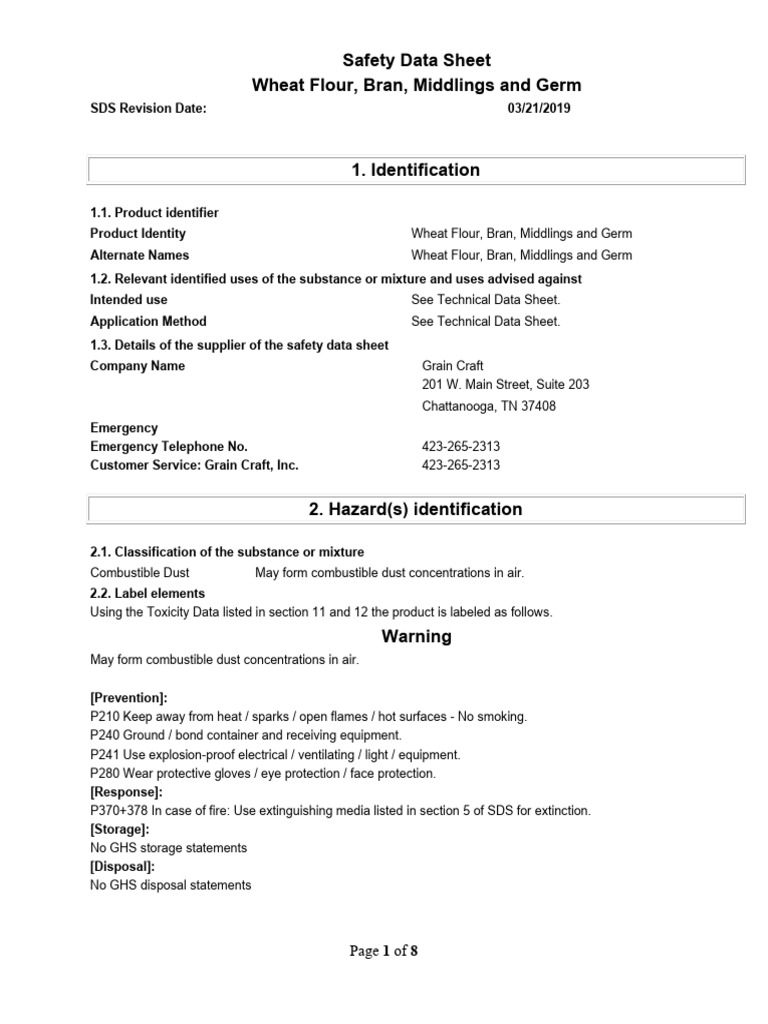 Grain Craft Wheat Flour SDS | PDF | Toxicity | Occupational Safety And ...