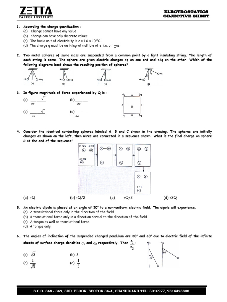 Electrostatic Objective Sheet - 1 (16.10.2021) | PDF | Force | Electric ...