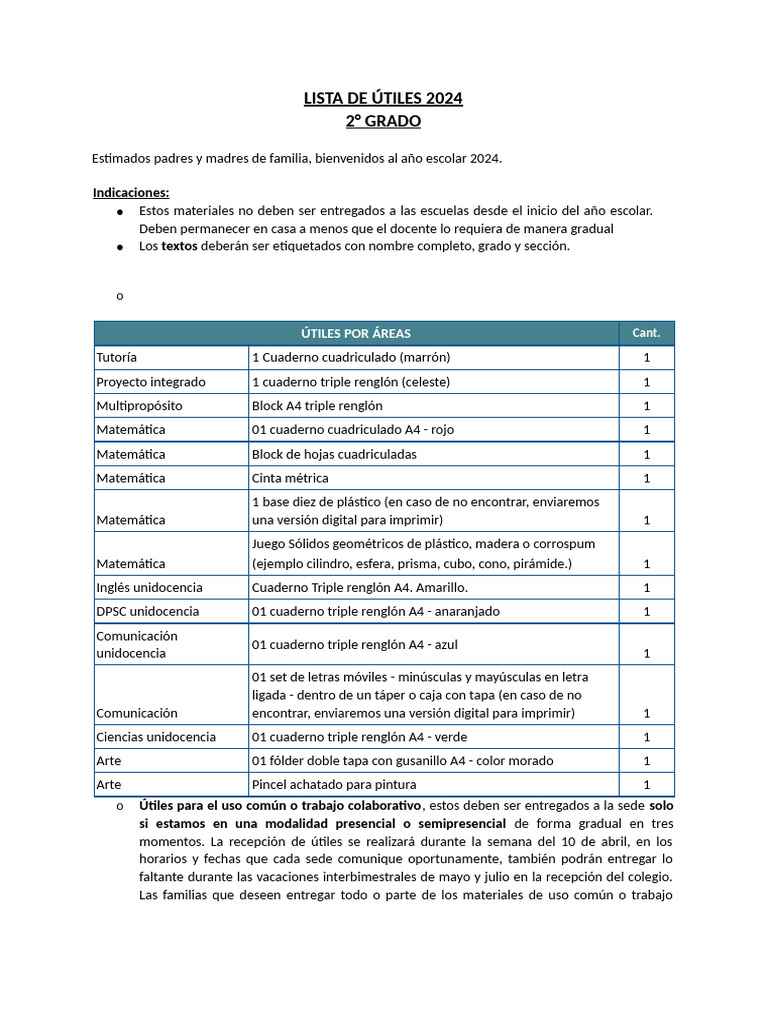 Útiles Escolares 2024 para 2° Grado | PDF