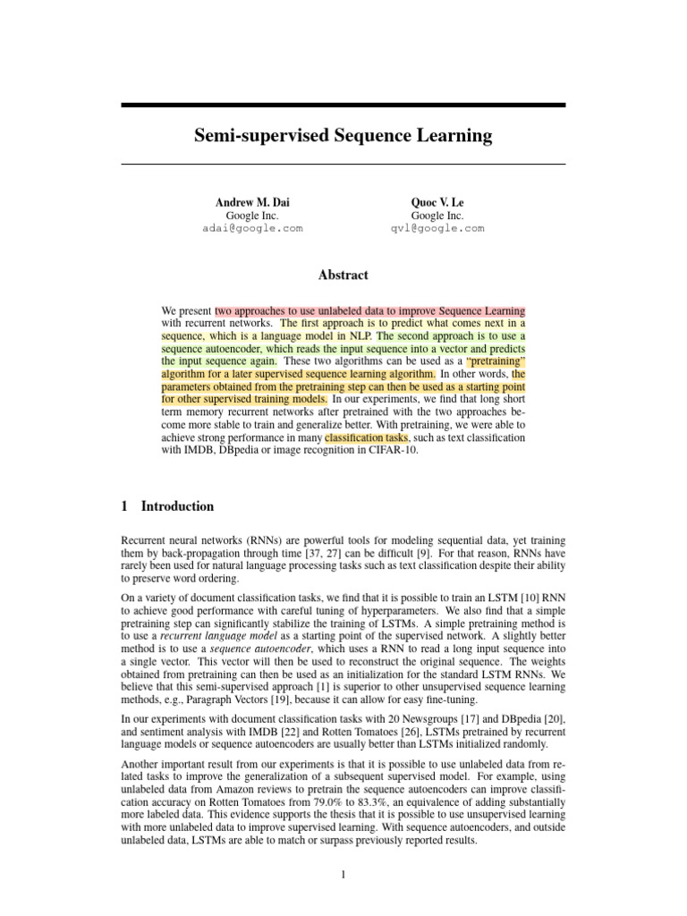 NIPS 2015 Semi Supervised Sequence Learning Paper | PDF | Computational ...