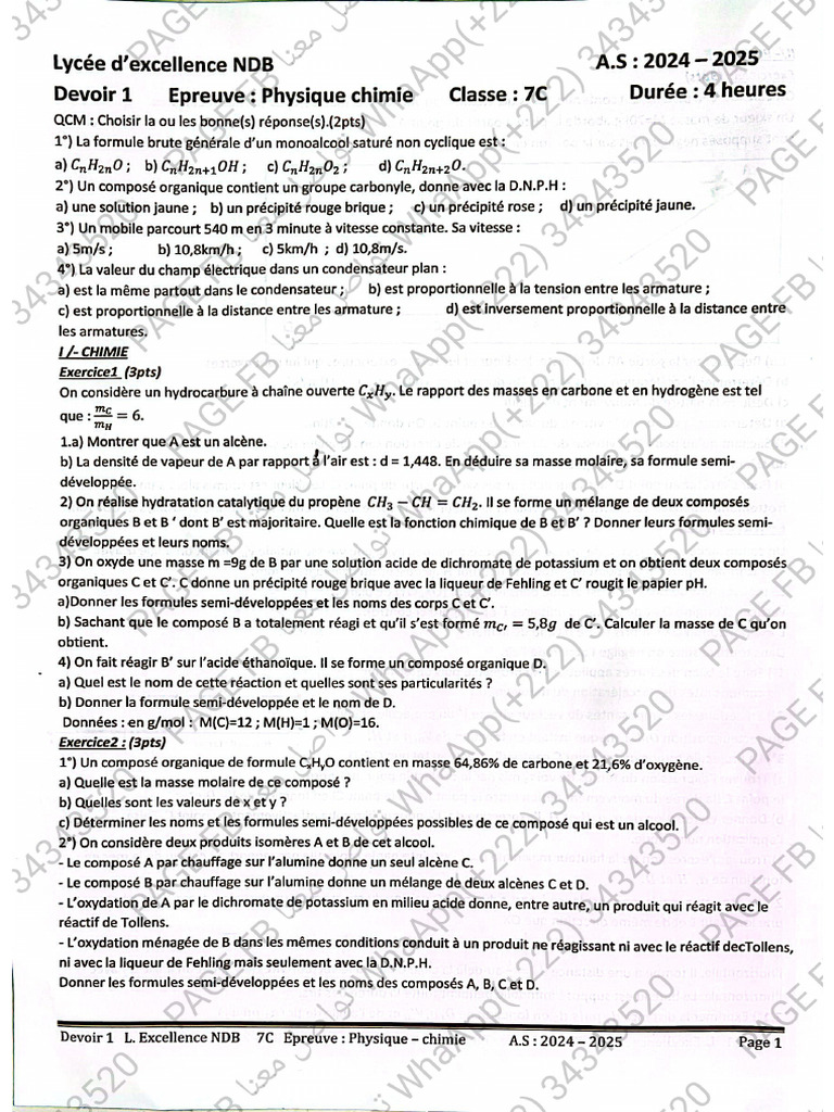 Devoir PC 7c Lycée D'excellence NDB 2024-2025 | PDF