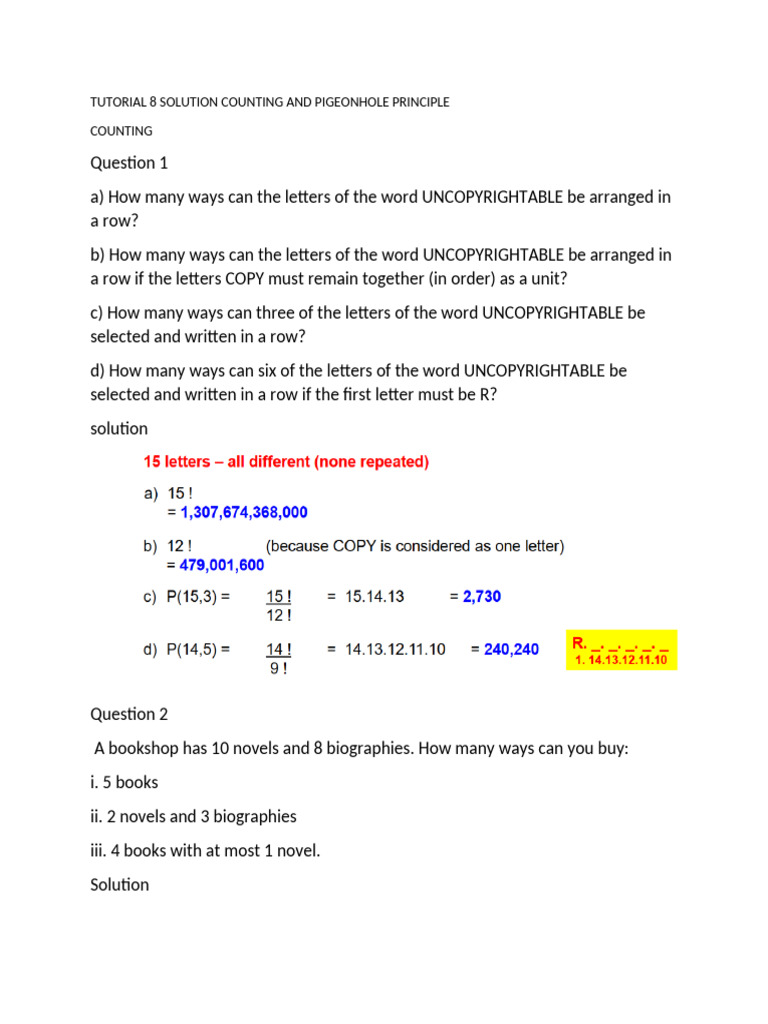 2024tutorial 8 Solution Counting and Pigeonhole Principle | PDF