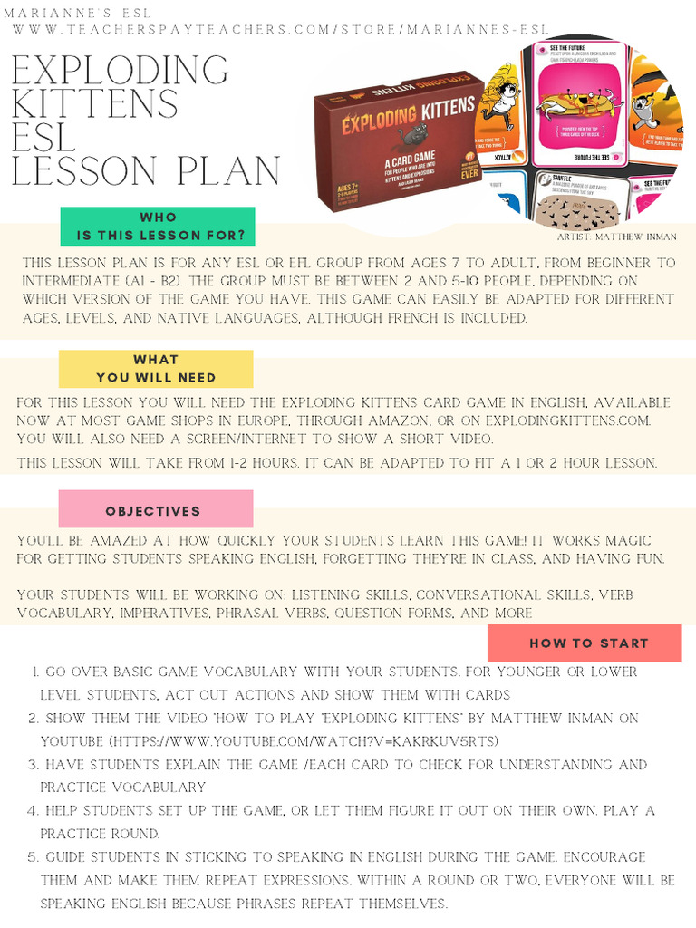ESL Lesson Plan: Exploding Kittens | PDF | English Language | English ...