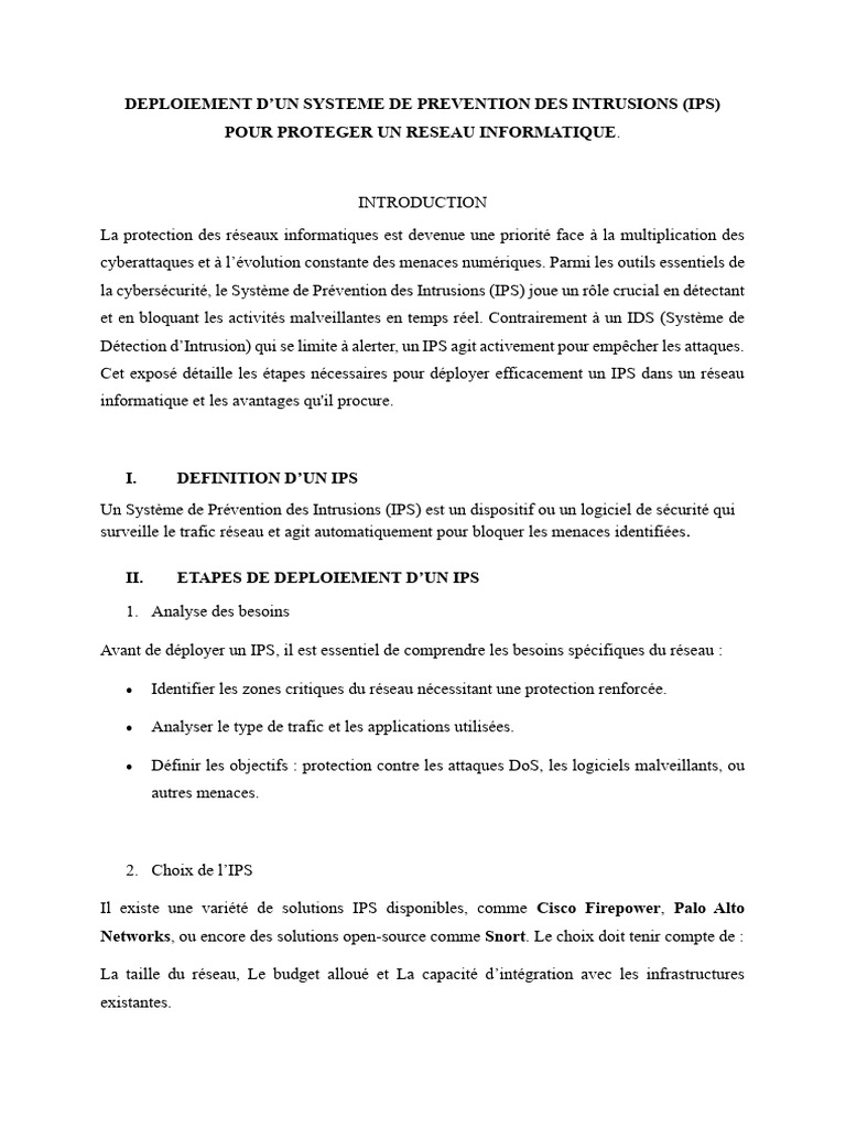 Déploiement d'un Système IPS en Réseau | PDF | Sécurité des systèmes d ...