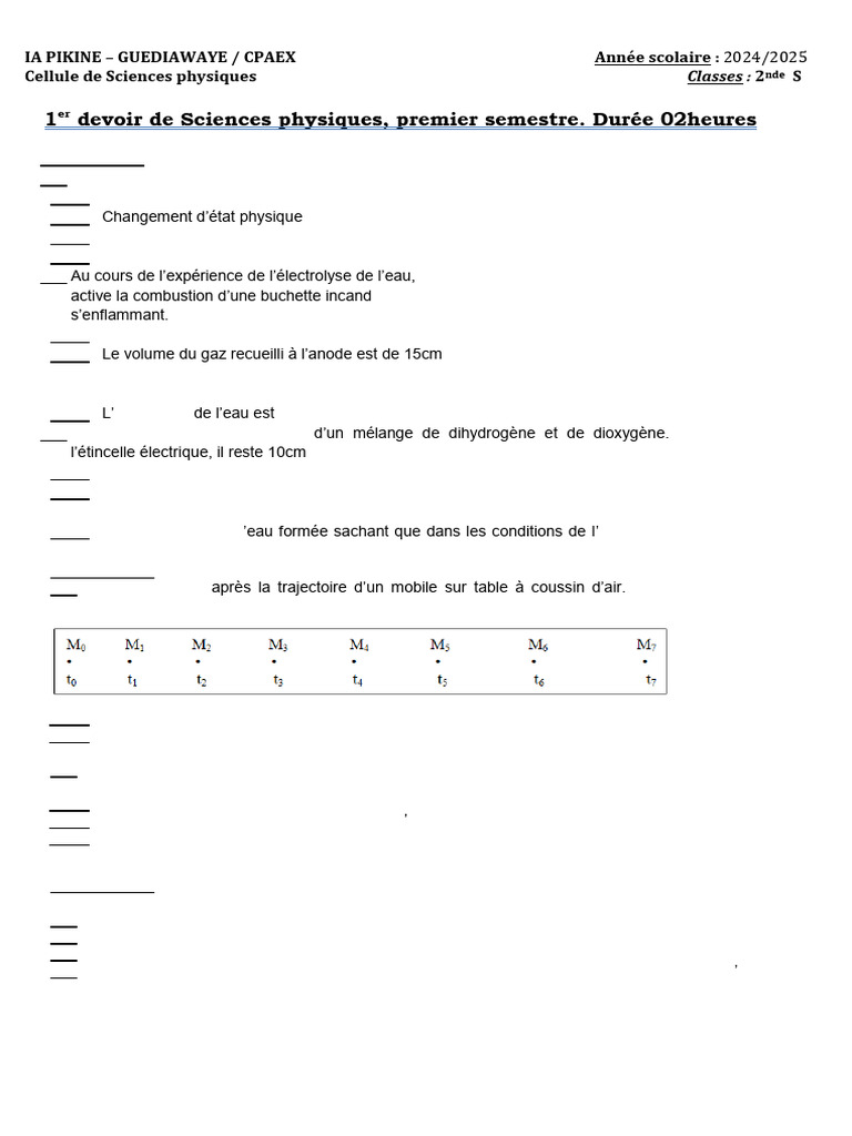 Devoir de Sciences Physiques 2nde S 2024/2025 | PDF | Hydrogène | Physique