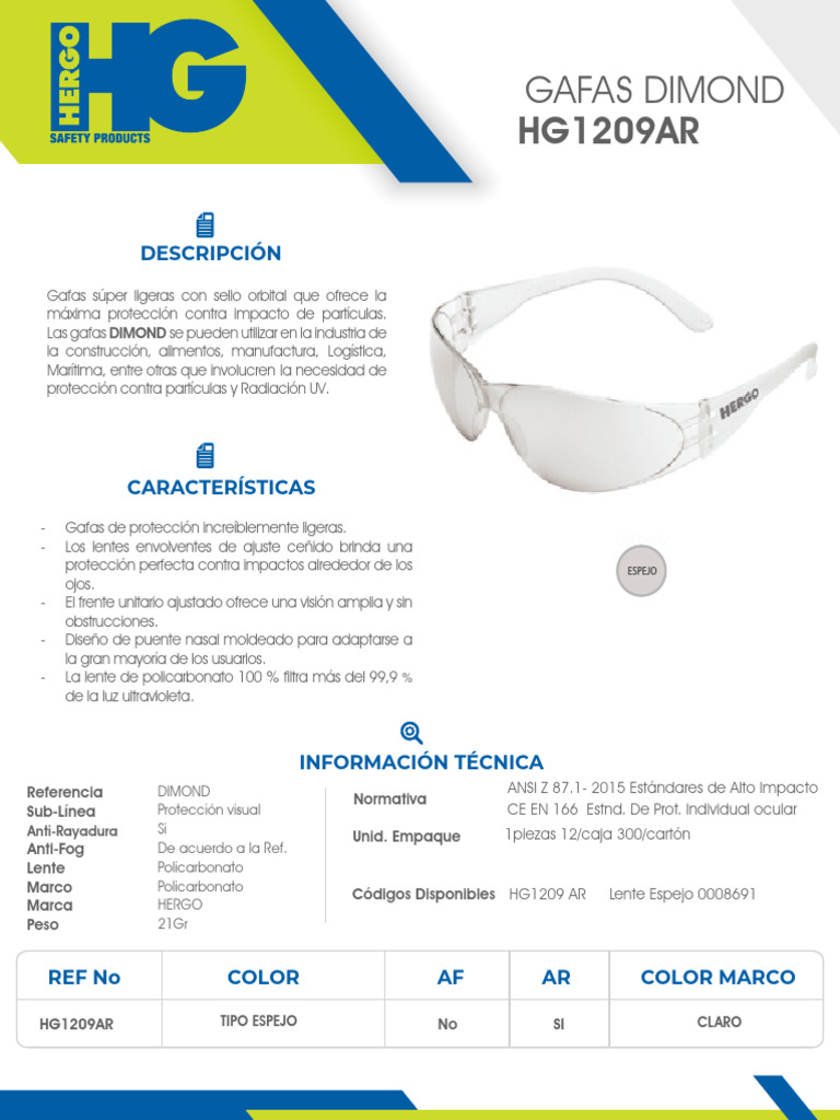 Gafas de Seguridad DIMOND: Protección UV | PDF