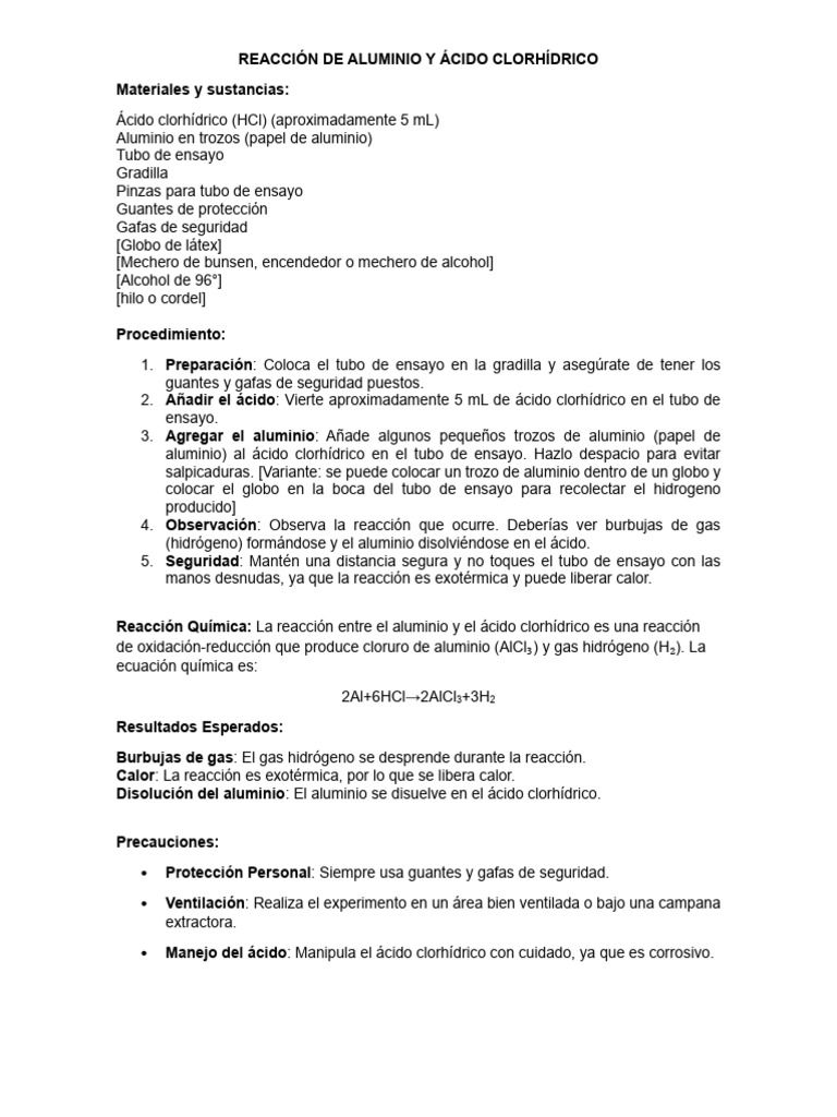 Reacción de Aluminio y Ácido Clorhídrico | PDF