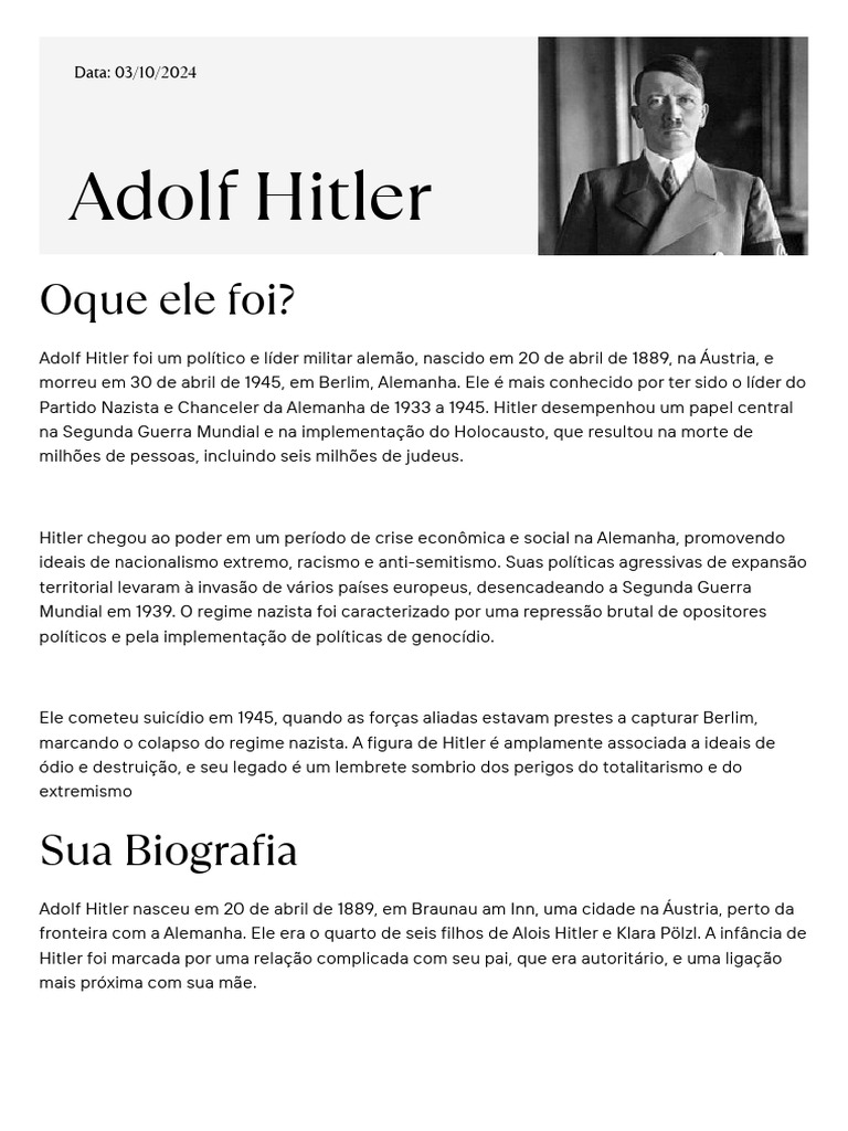Biografia de Adolf Hitler e seu legado | PDF | Adolf Hitler | Alemanha ...