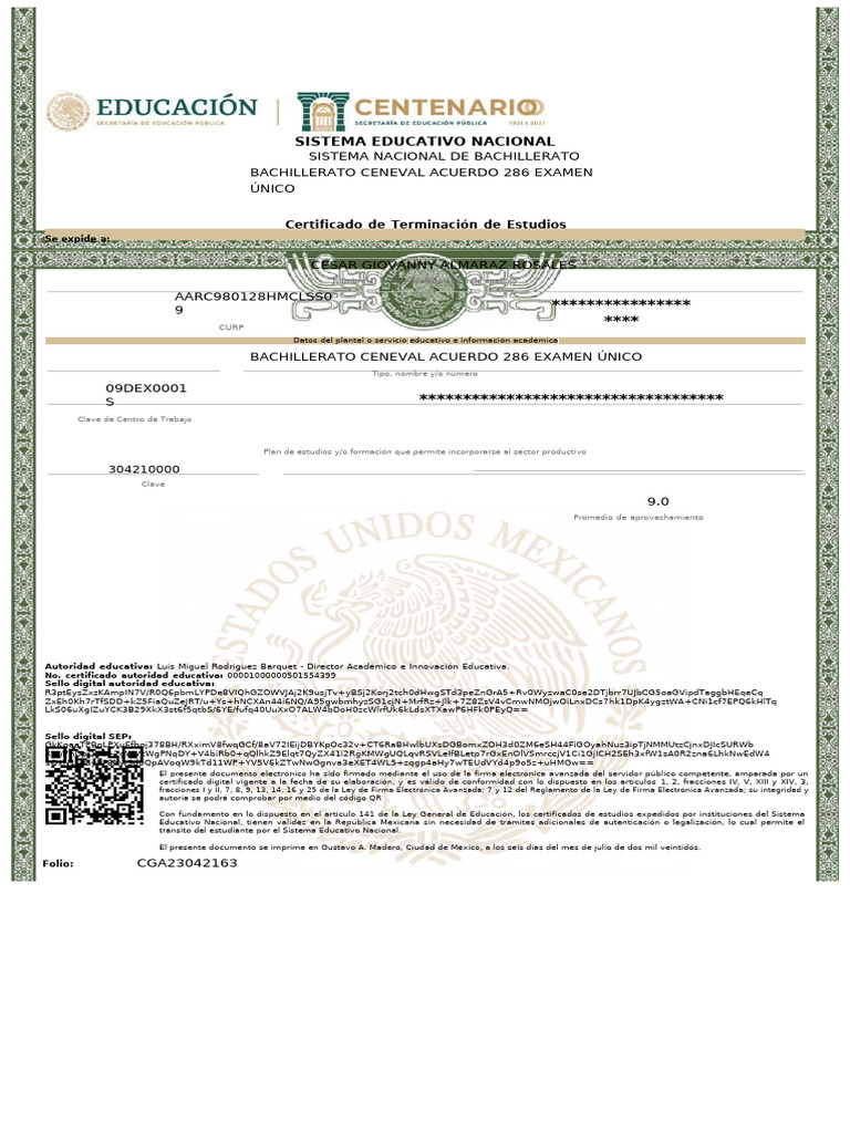Certificado de Bachillerato CENEVAL 2022 | PDF