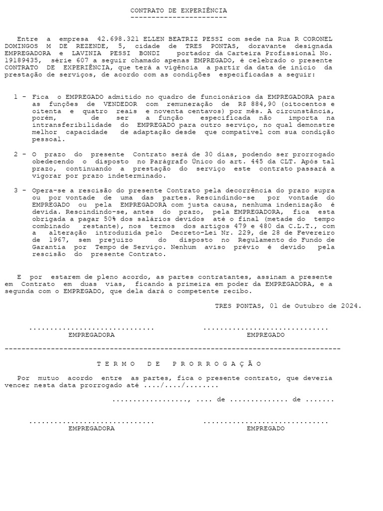 Contrato de Experiência e Prorrogação | PDF | Direito Privado | Direito ...