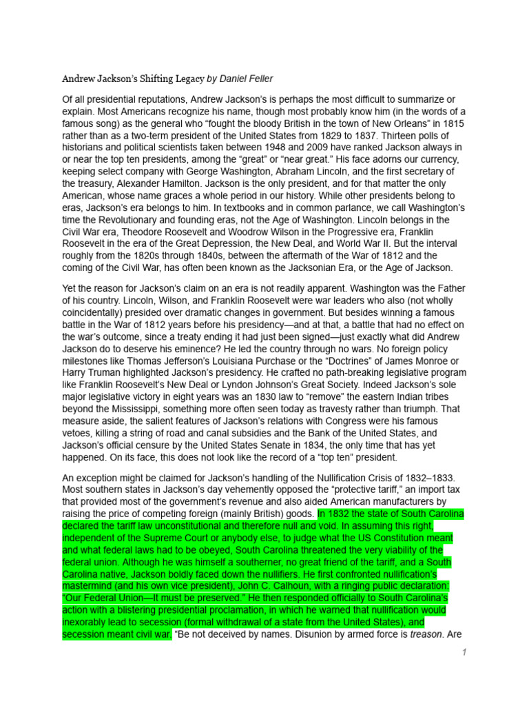 Andrew Jackson's Complex Legacy | PDF | Presidents Of The United States ...