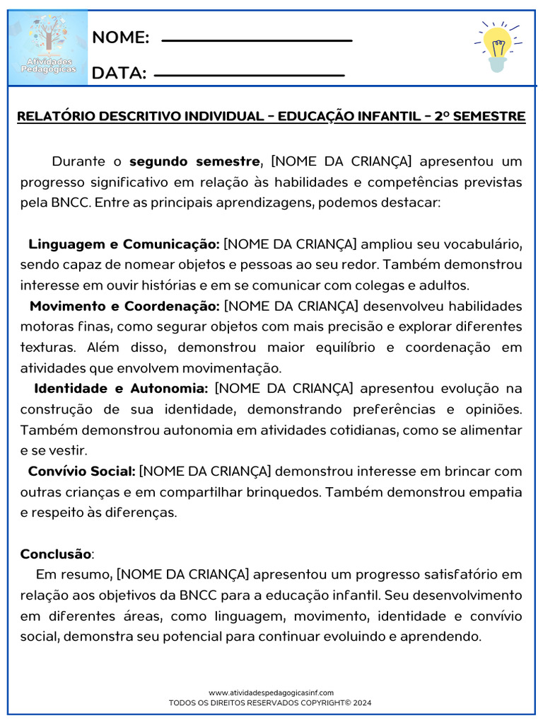 Relatório Descritivo - Educação Infantil | PDF | Aprendizado | Pré-escola