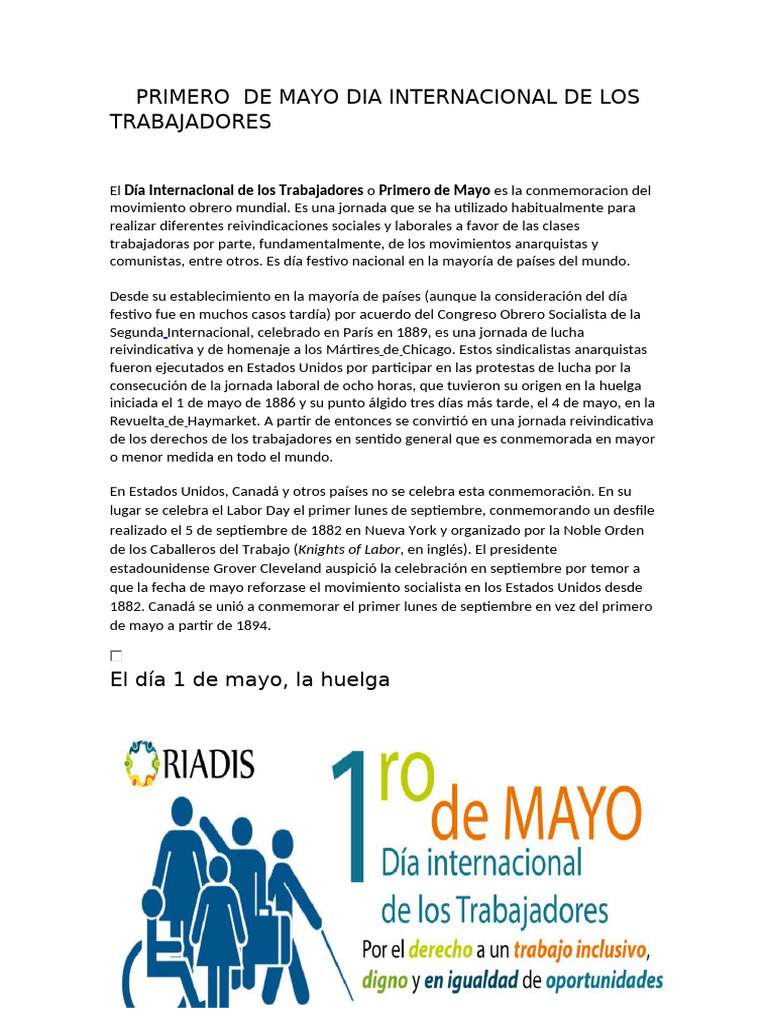 Primero de Mayo Dia Internacional de Los Trabajadores | PDF ...