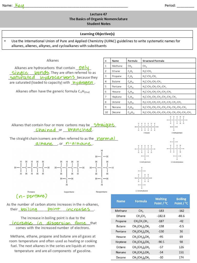 KEY Student Notes Lecture 47 The Basics of Organic Nomenclature | PDF ...