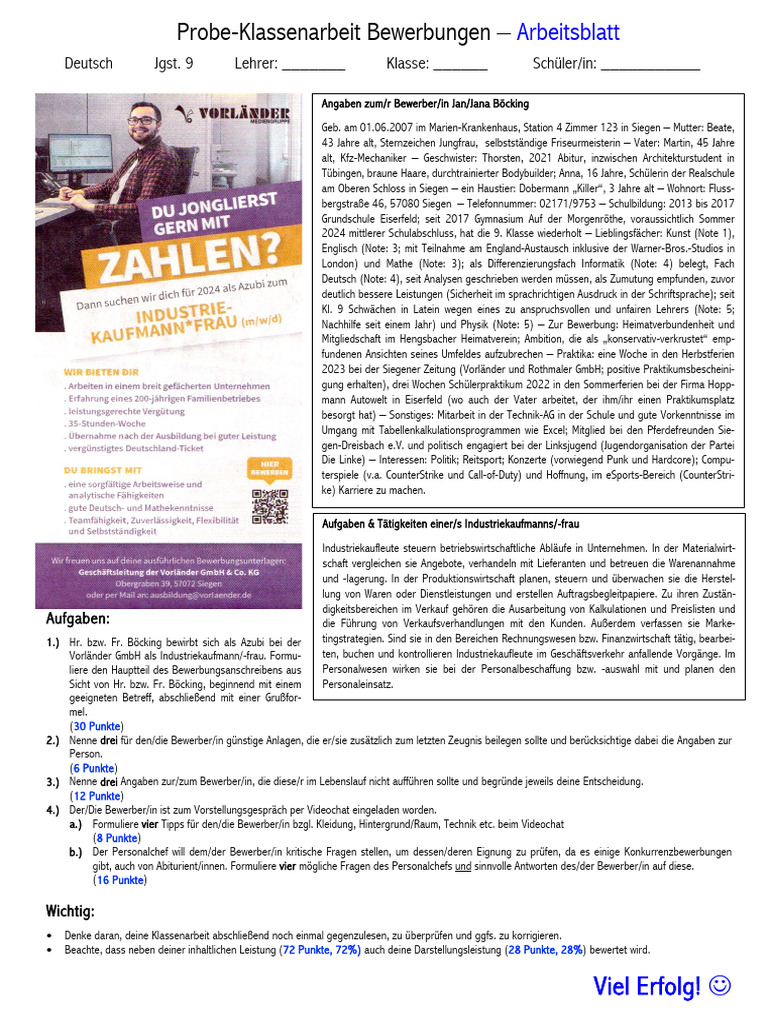 AB20 Probe Klassenarbeit AB (Bewerbungsanschreiben) | PDF