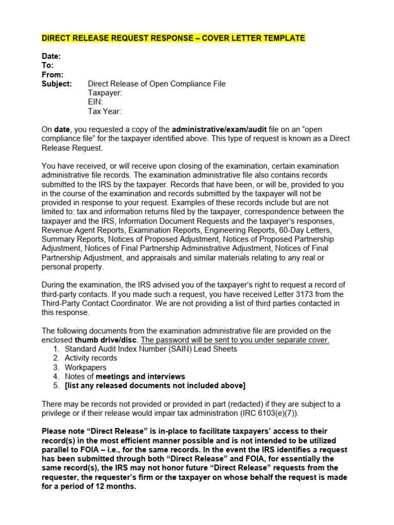 Direct Release Request Cover Letter Template | PDF | Internal Revenue ...
