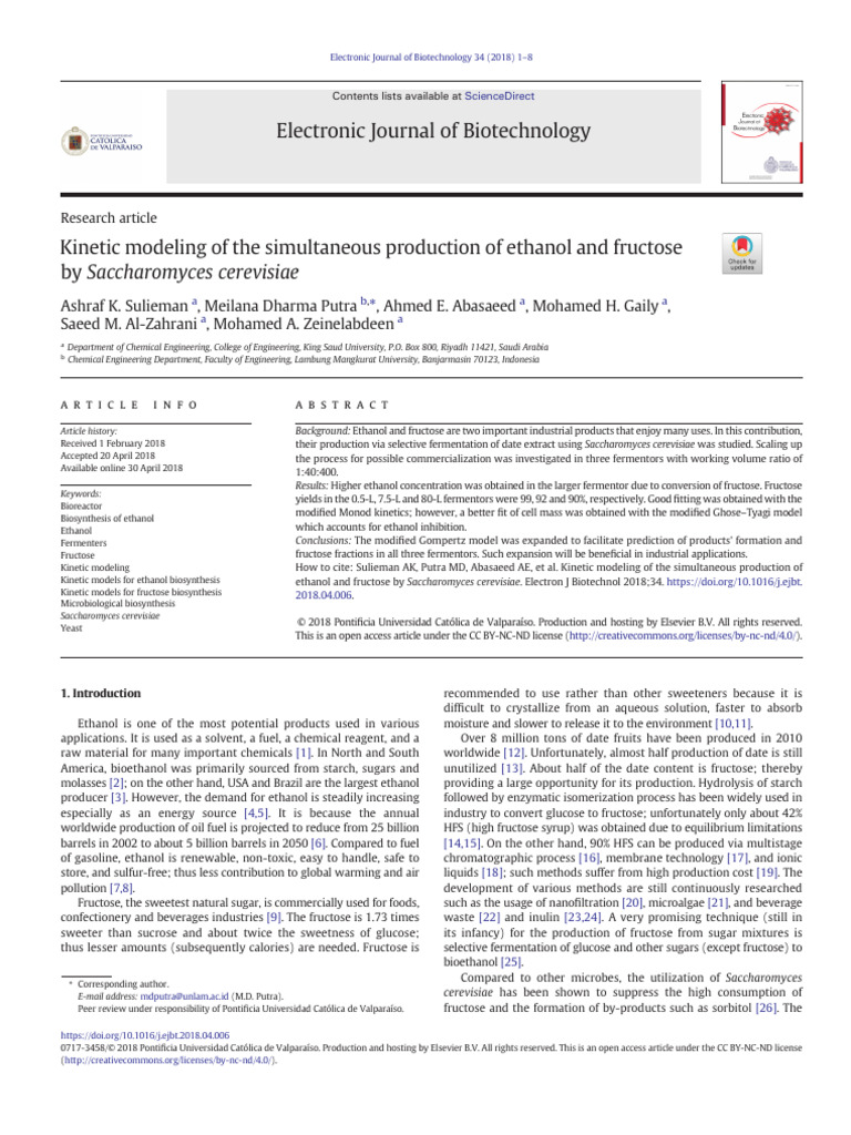 Kinetic Modeling of Ethanol and Fructose Production | PDF | Fructose ...