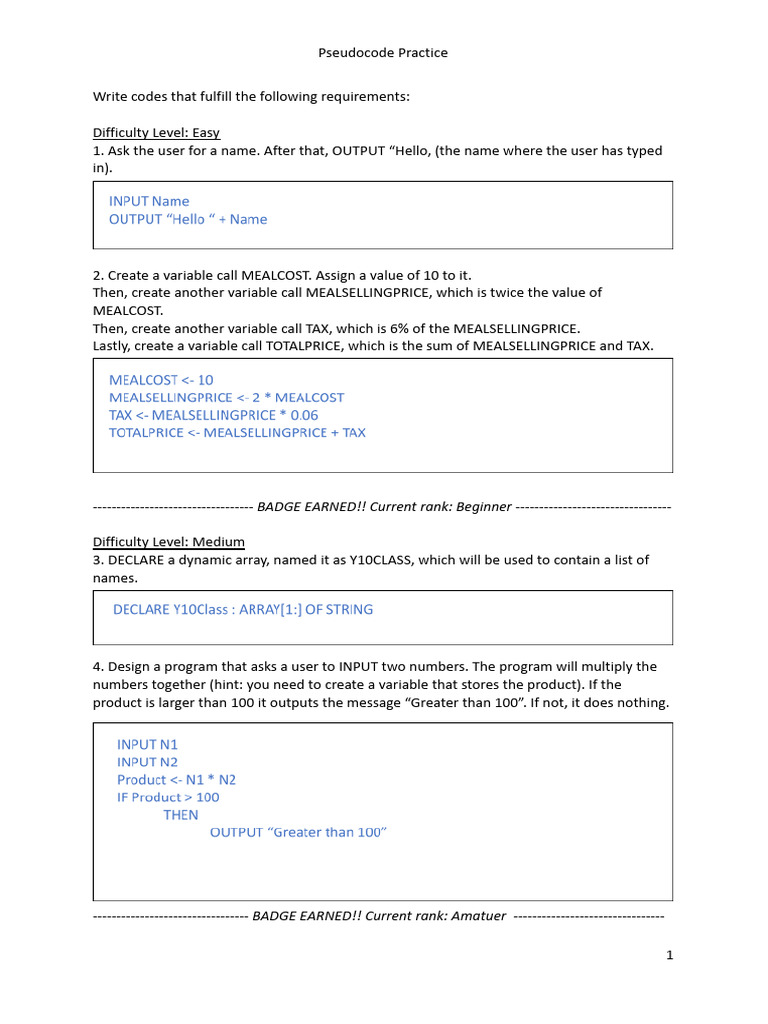 Basic Pseudocode Practice 1 | PDF | Computer Programming | Software ...