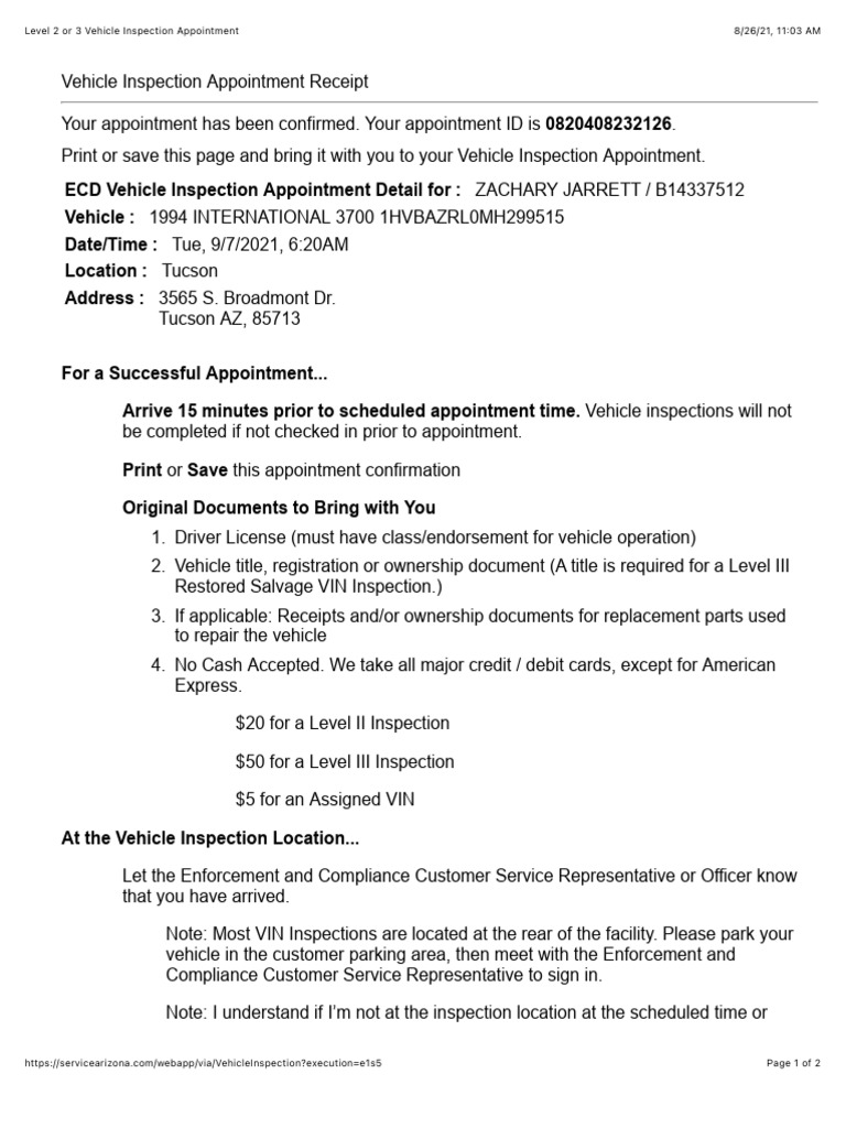 Vehicle Inspection Appointment Details | PDF | Vehicles | Transport