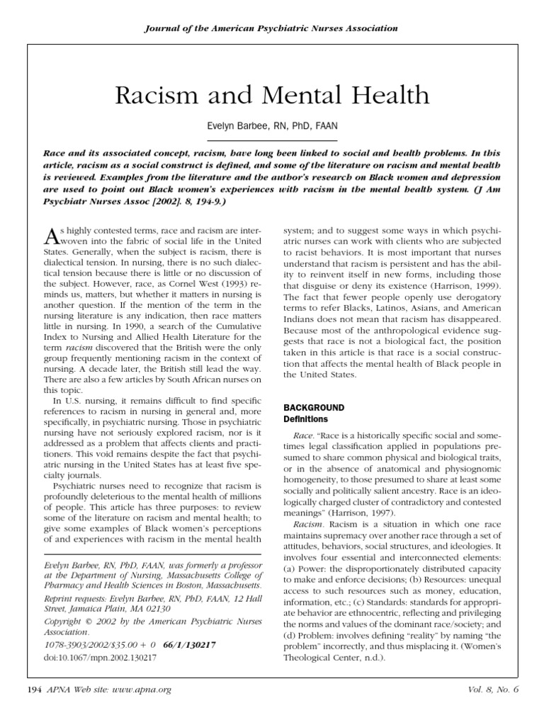 Racism and Mental Health | PDF | Race (Human Categorization) | Psychiatry