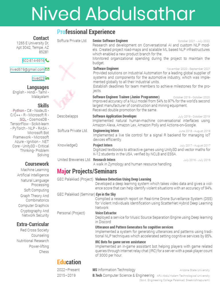 Nived Abdulsathar Software Engineer Cv Pdf Deep Learning