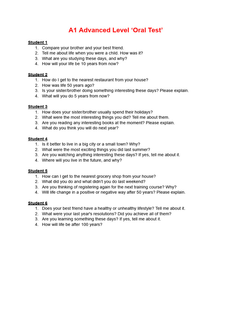 A1 Oral Test: Future & Past Reflections | PDF