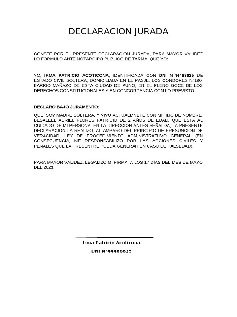Declaración Jurada Madre Soltera | PDF