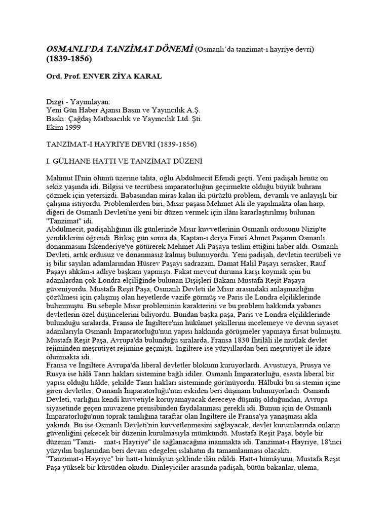 Enver Ziya Karal-Osmanlı Tanzimat Dönemi | PDF