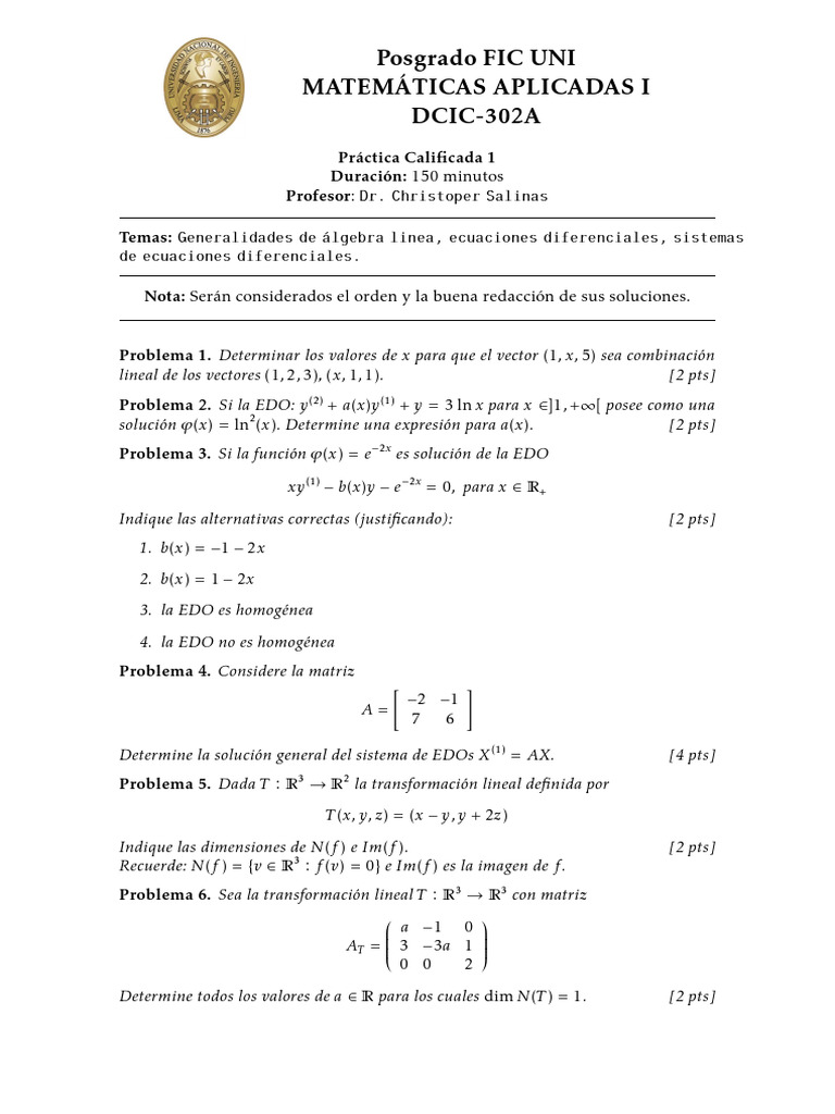 FIC UNI PC1 v1 | PDF | Ecuaciones | Mapa lineal