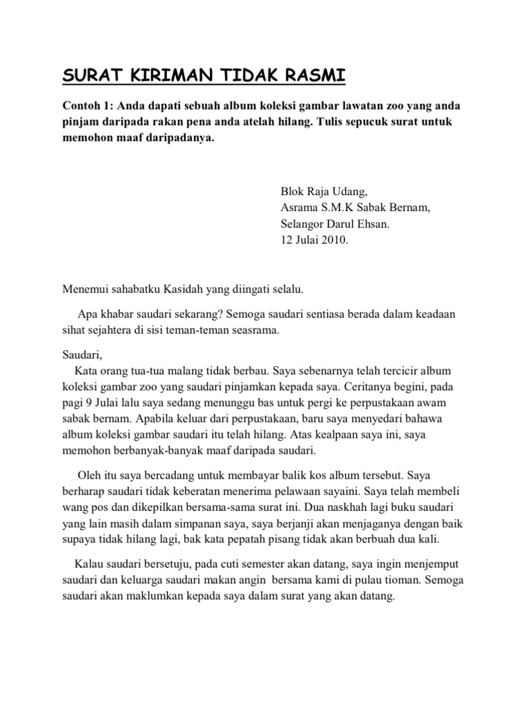 Cuti Sekolah Karangan Surat Tidak Rasmi Contoh