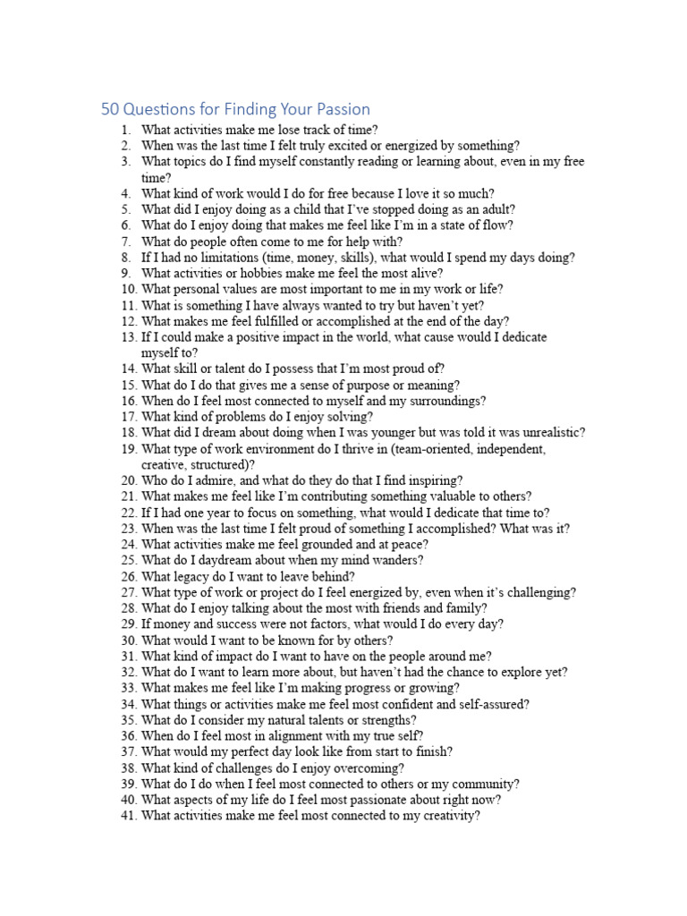 50 Questions For Finding Your Passion | PDF